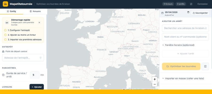 Interface de Ma Petite Tournée avec sectorisation automatique sur 3 livreurs