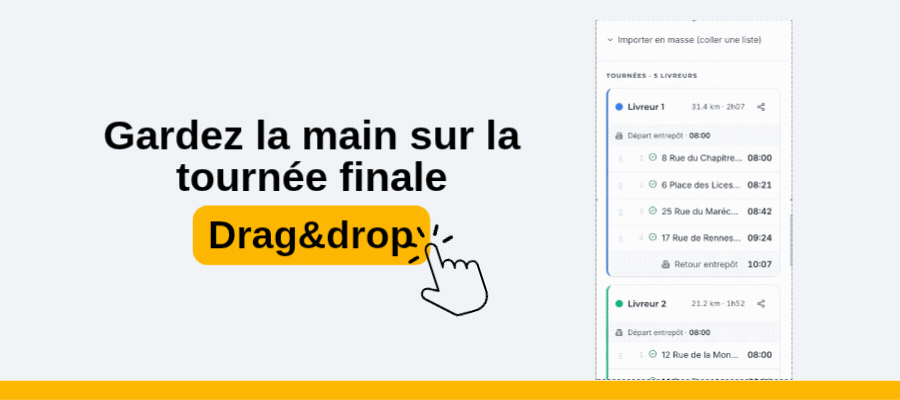 Interface de glisser-déposer : on transfère un arrêt d'un livreur à l'autre sur la carte, la route se recalcule instantanément