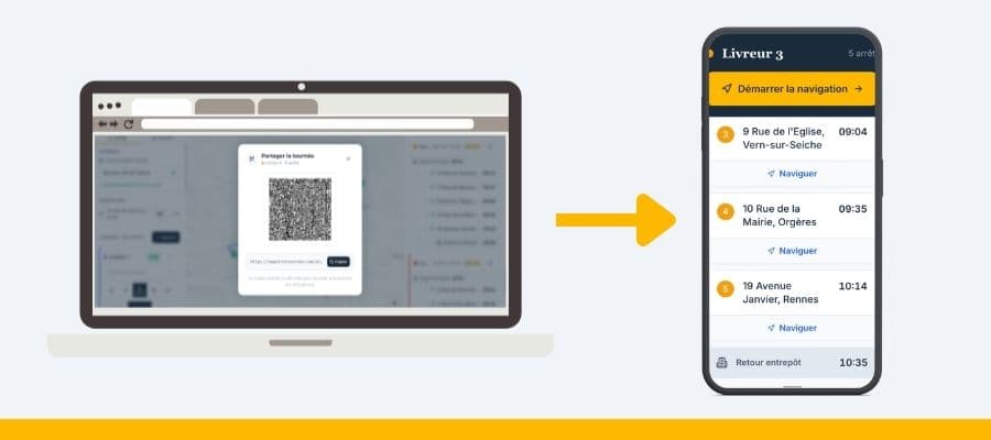 Page mobile de tournée de livraison partagée par QR code, avec navigation Google Maps intégrée